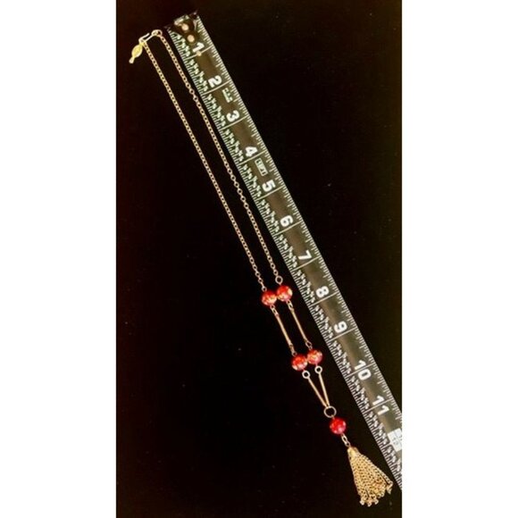 Sarah Coventry Venetian Floral Red Glass Bead Gold-Tone Tassel Necklace - Picture 8 of 11